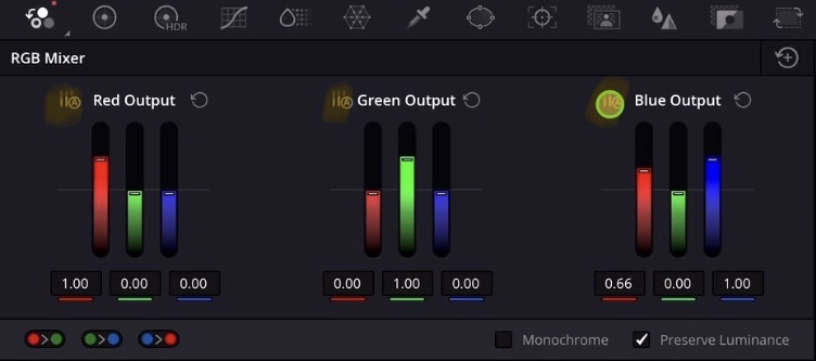The normalize buttons on the left side of the RGB Mixer allow you to neutralize your image based on your current settings.