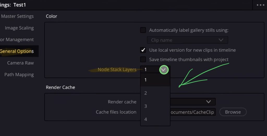 In den Settings unter General Options findest du die Einstellung Color Node Stack Layer und kannst sie von 1 auf bis zu 4 Ebenen ändern.