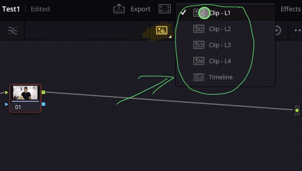 Der Layer Selector zeigt jetzt mehrere Ebenen wie Clip 1 L1, Clip 1 L2, Clip 1 L3, zwischen denen du wechseln kannst.