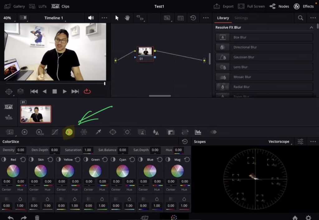 The Color Slicer Six Vector grading palette open on the Color Page of DaVinci Resolve for iPad.