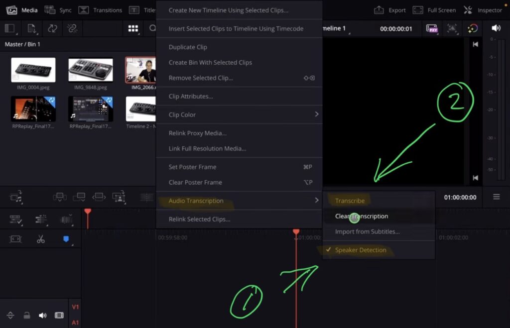 Klicke mit der rechten Maustaste auf deinen Clip, gehe zu Audio Transcription und du findest das neue Speaker Detection Feature