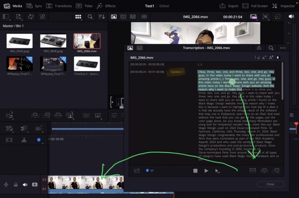 Du kannst Text in der Transkription markieren und direkt in deine Timeline platzieren für Text-Based Editing