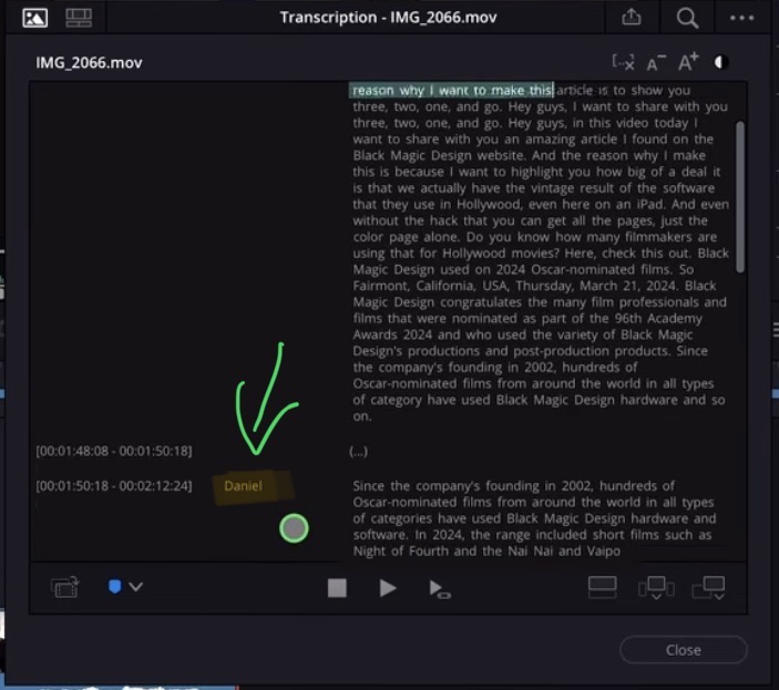 Die Transkription zeigt verschiedene Sprecher als Speaker 1, Speaker 2 an. Du kannst auf einen Sprechernamen doppelklicken, um ihn umzubenennen.