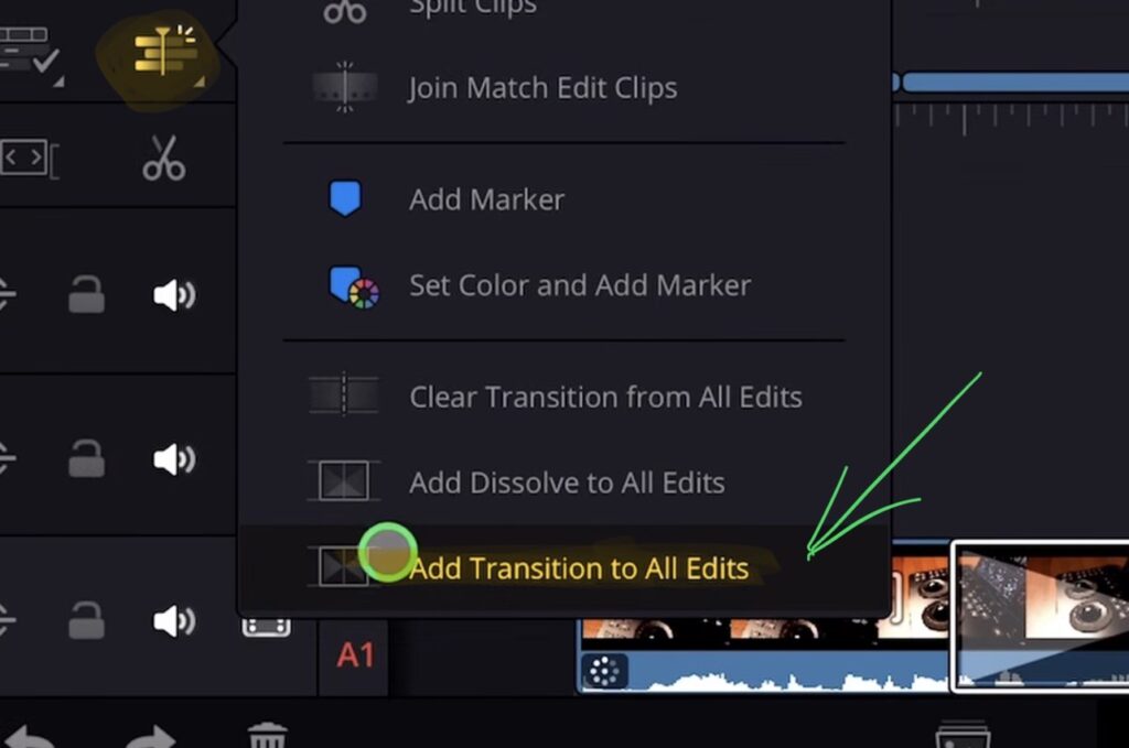 Click the transition icon in the toolbar and select "Add Transition to All Edits".