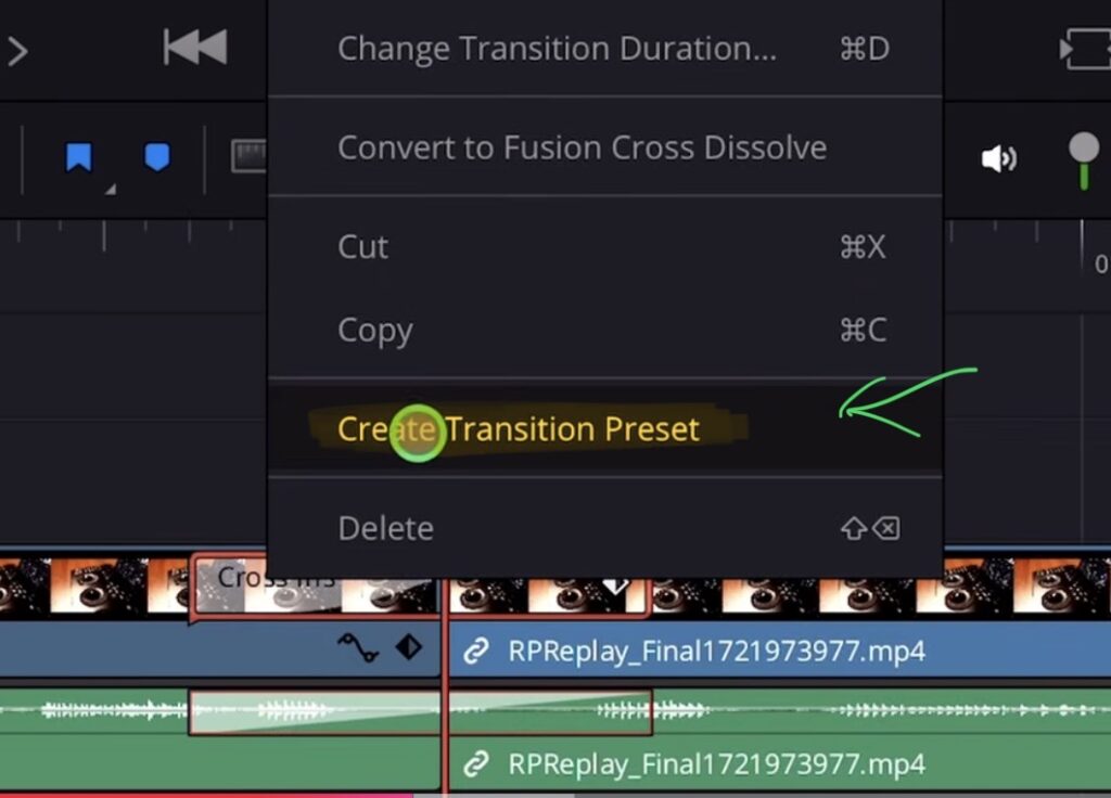 Right click on a transition in the Edit Page and select "Create Transition Preset" to save your custom settings.