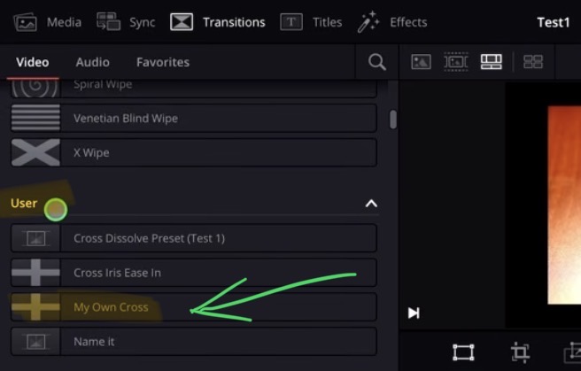 Your custom transition preset will now appear under the "User" category in the Transitions panel. You can scroll down to find it there.