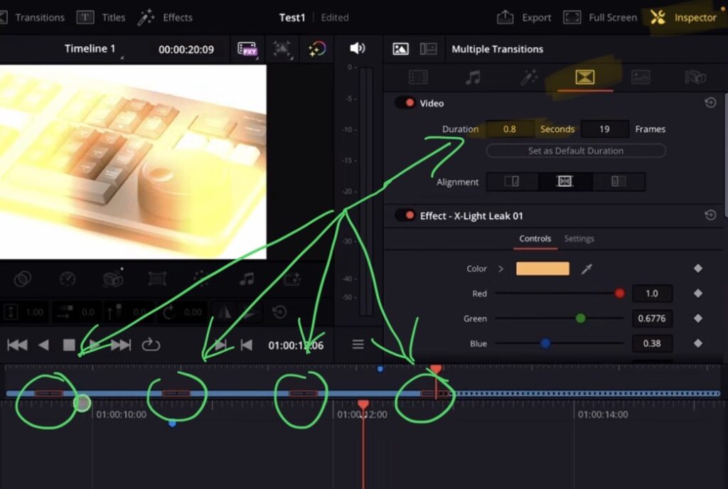 Select multiple transitions with Command + Click and then change the settings in the Inspector for all of them at once.