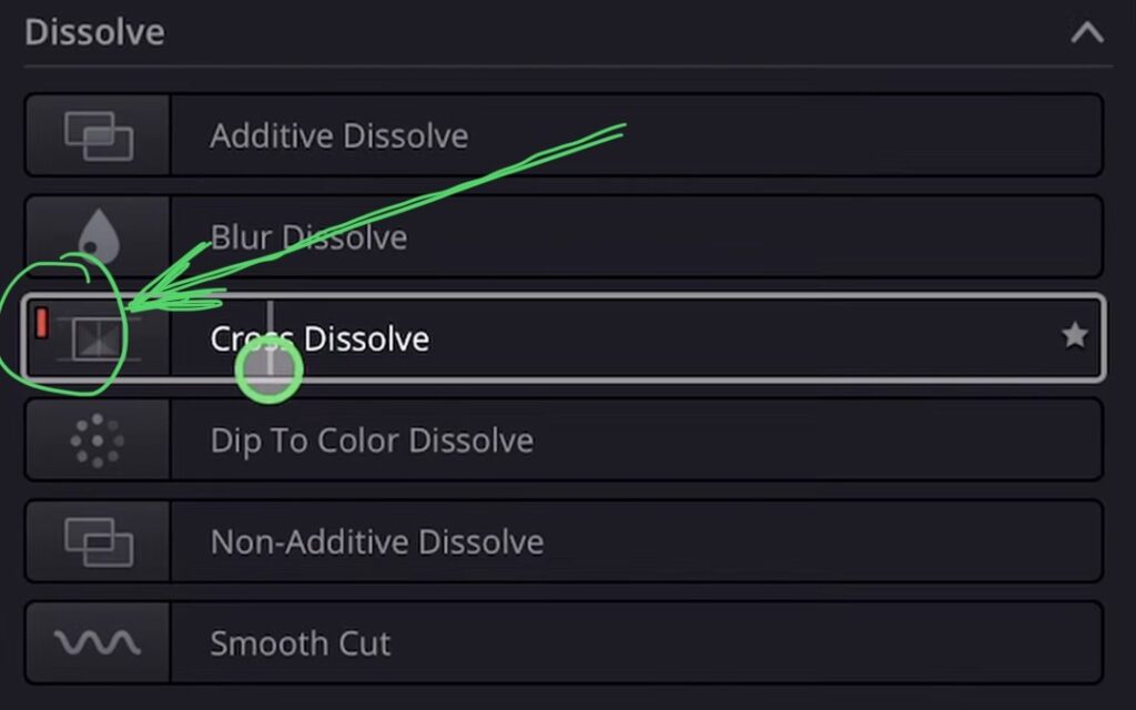 The Transitions panel showing a transition with the red line indicating it is set as the default transition.