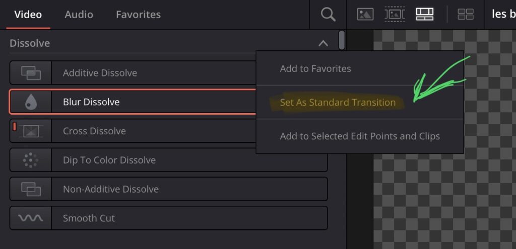To change the Default Transition right click on the Transition you want to make as a new default. And select "Set As Standard Transition".