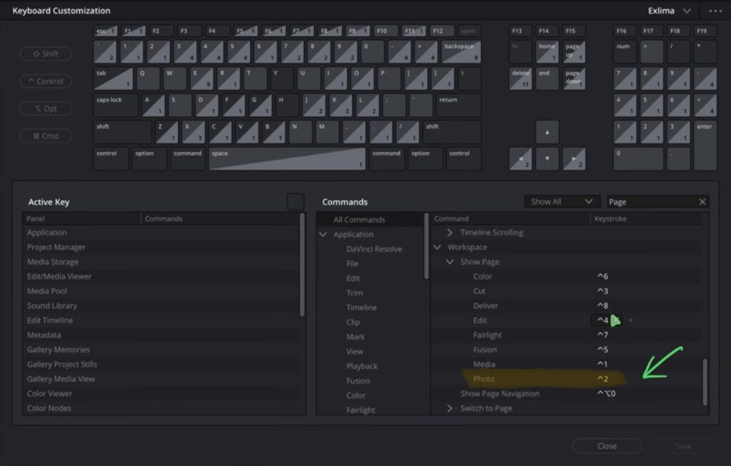 Go to Keyboard Customization, scroll to Workspace and find Show Pages to assign a shortcut to the Photo Page.