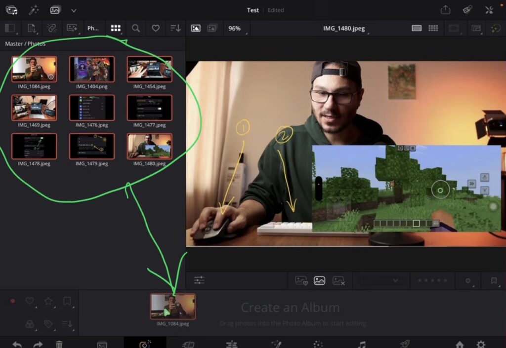 The Photo Page with the gallery on the left, photo album in the center, and Inspector open on the right for editing tools. Simply select the images you want to add to an Album and drag & drop them down.