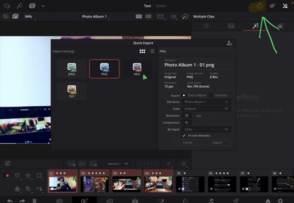 The export dialog lets you choose JPEG, PNG, HEIC, or TIFF format and set the quality before saving to your Files app.