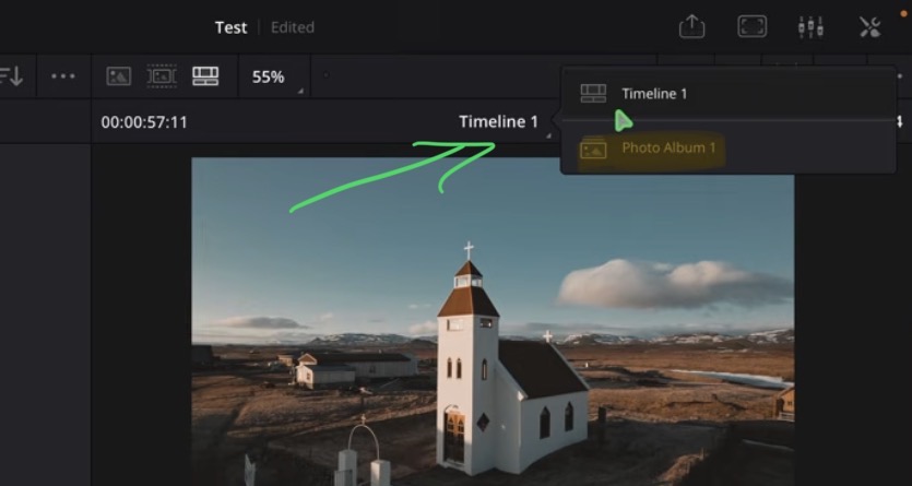 In the Cut and Edit Pages you can simply switch between your Timelines and Photo Albums with the label over the Viewer.