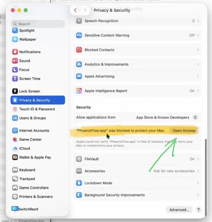 Open System Settings, go to Privacy & Security and scroll all the way down. There you find "Phoenix Flow app was blocked to protect your Mac". Click on "Open Anyway".