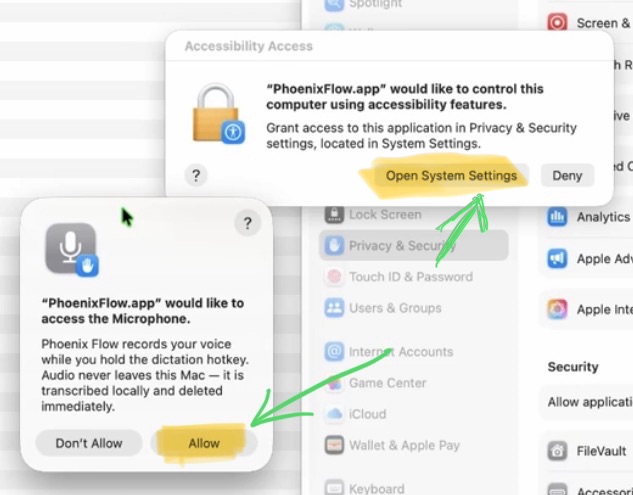 To record system Audio you also have to give permission. Click on system settings.