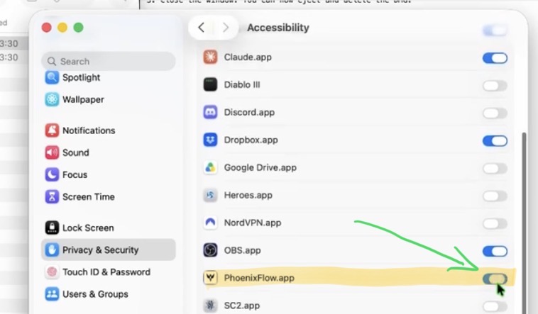 Go to Accessibility, scroll down to Phoenix Flow and activate the toggle. Confirm with your Mac password.