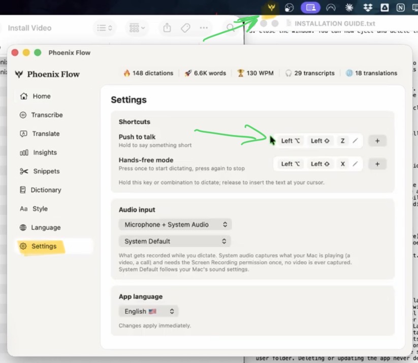 In the settings of Phoenix Flow App you can change the "Push To Talk" Shortcut.