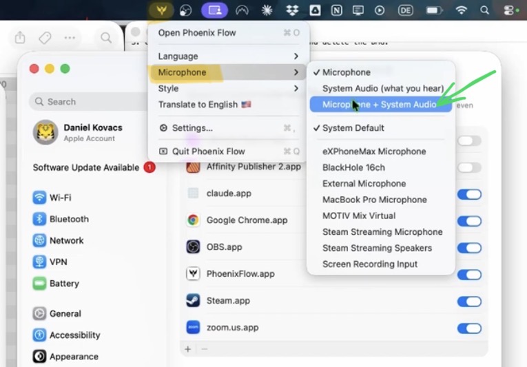 Click on the Phoenix Flow icon in the menu bar. Under Microphone you can choose between Microphone only, System Audio or Both.