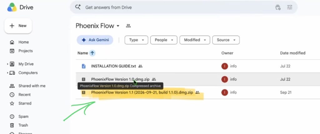 In the list view you see Phoenix Flow Version 1.0 and Version 1.1. Download Version 1.1, this is the newest build with all the new features.