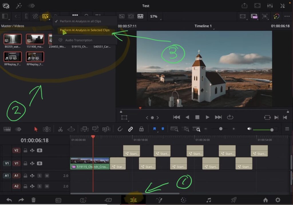 In the Edit Page you get a new icon at the top. Right click it and choose to analyze only your selected clips or all clips.