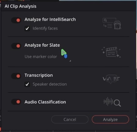 The AI analysis window in DaVinci Resolve for iPad with Analyze for IntelliSearch, Analyze for slate, transcription, audio classification and the Identify Faces option. Turn off everything you do not need. Every option you leave on adds to the analysis time.