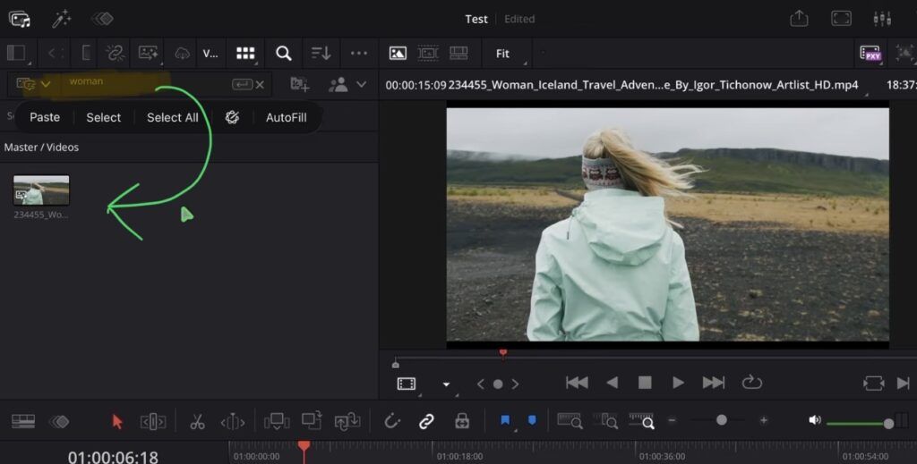 The search field now lets you choose between All, Visual only, Transcripts and Metadata. Searching for "car" finds the clips with a car in them.
