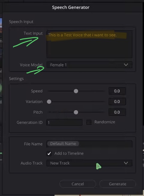 Type your text, pick one of the four voices and adjust speed, variation and pitch.