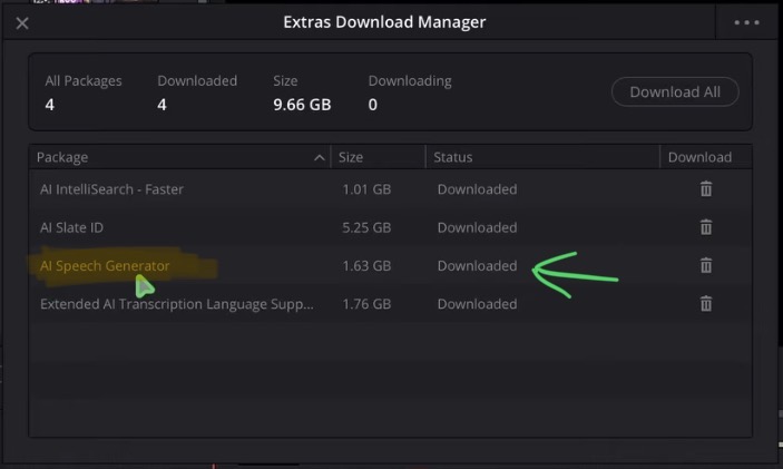 Open the DaVinci Resolve menu and go to Extras Download Manager, you need the AI Speech Generator base model installed first.