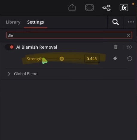 At 0 nothing happens. Push the slider up to 1 and the AI removes the blemish, no mask needed.