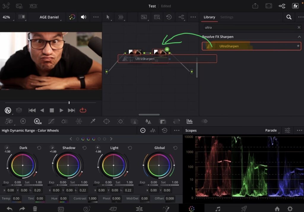Add a new node in the Color Page, type “ultra” in the Effects search and drag the AI UltraSharpen onto the node.