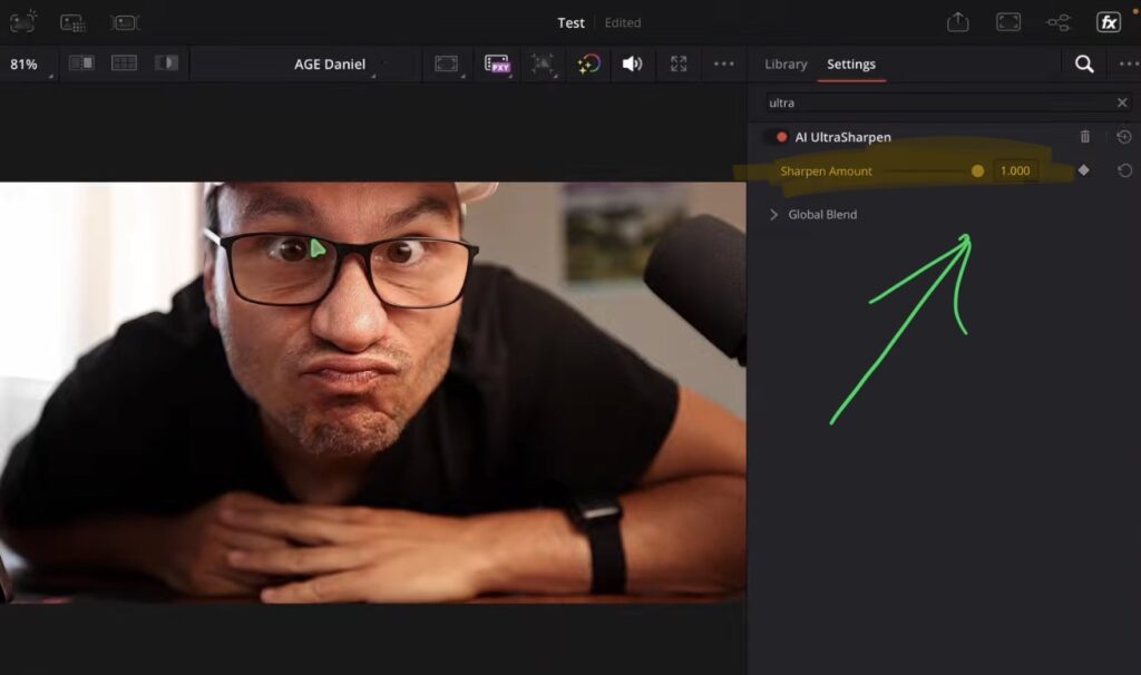 At 0 nothing happens. The higher you push the slider, the sharper the image. Zoomed in you can see when it is way too much.