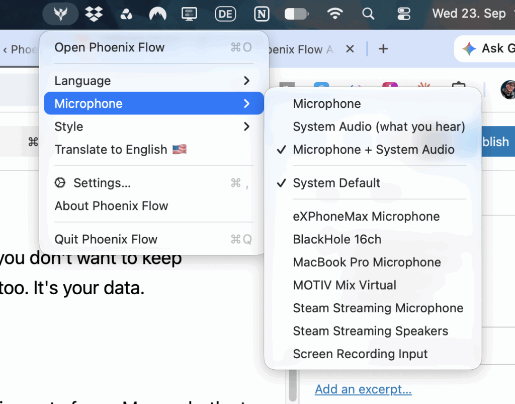 Choose to record only your microphone, only your system audio, or both. Perfect for Zoom calls without a bot.