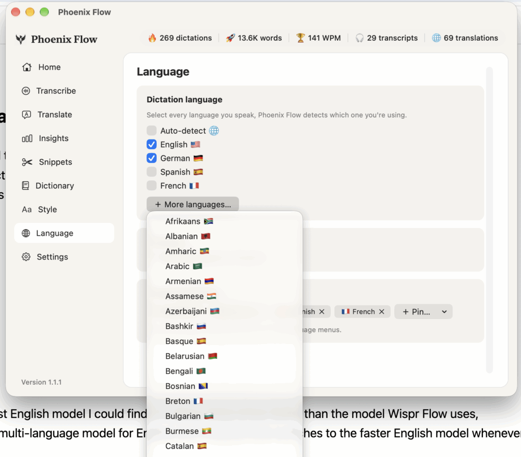 Select your active languages in real time. The multi-language pack and speaker detection are additional downloads in the settings.