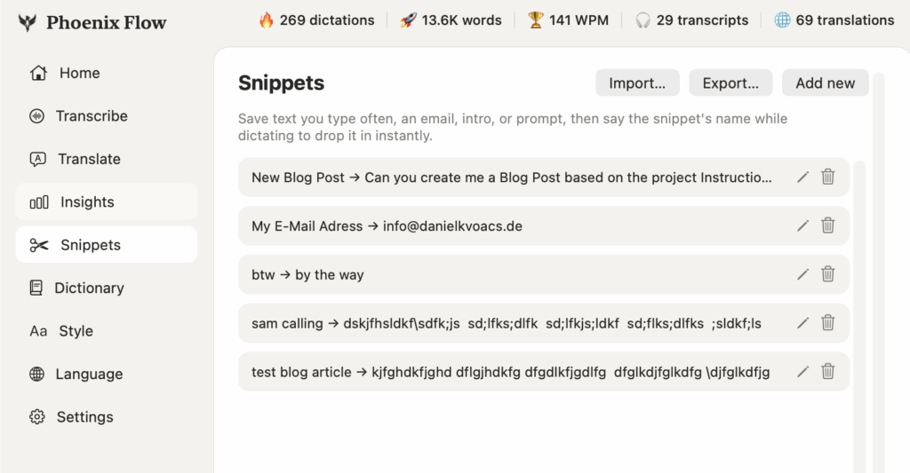 Create your own snippets. Say the trigger phrase and the full text is inserted.