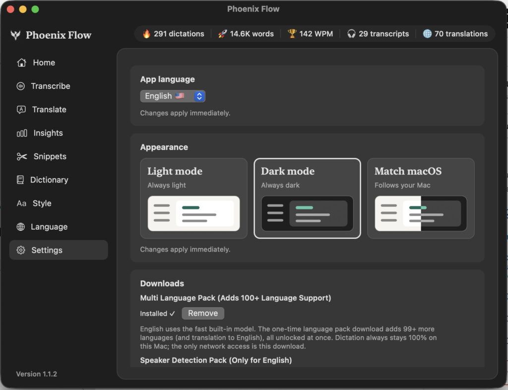 Phoenix Flow now has a light mode and a dark mode. It can follow your macOS settings or you can switch it manually.