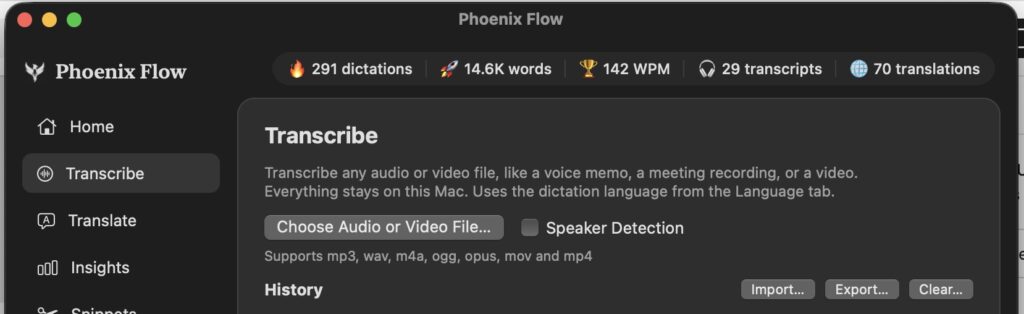 Under Transcribe you can load any video or audio file with spoken words and Phoenix Flow transcribes it, including speaker detection.