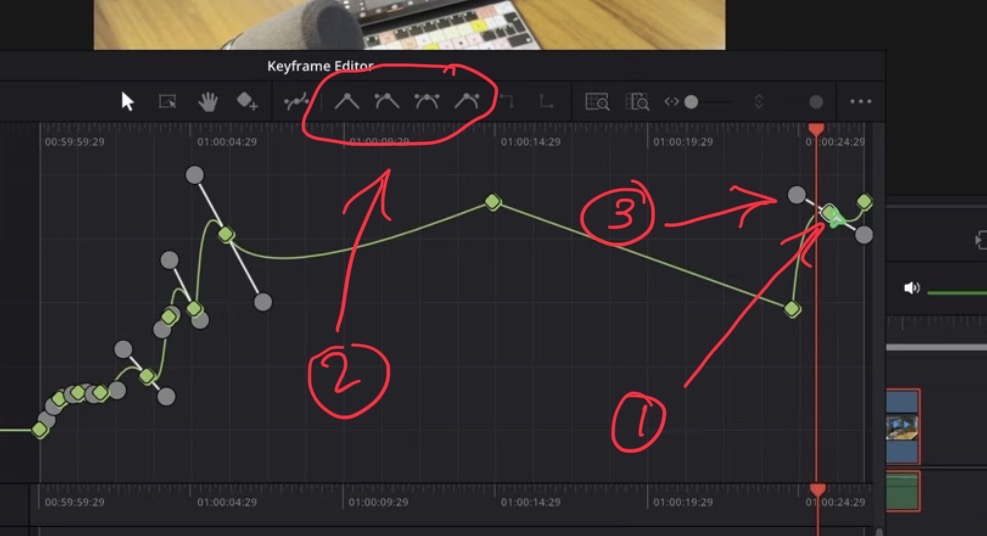 Every speed point shows up in the Keyframe Editor. Select a point and choose Ease In, Ease In and Out or Ease Out on the top. Now you get handles on both sides that you can drag to shape the curve.