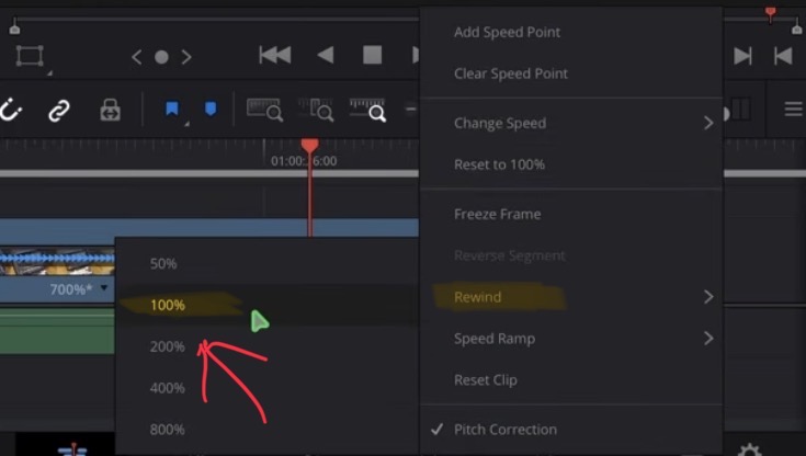 Move the playhead to a position, tap the arrow in the Retime Controls and choose Rewind, for example 100%. From that point on the clip plays backwards. In the same menu you can also add a Freeze Frame.