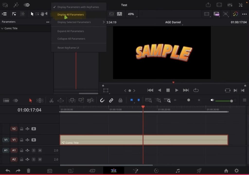 Select a Fusion title like the Comic Title, open the Keyframe Editor and choose Display All Parameters.