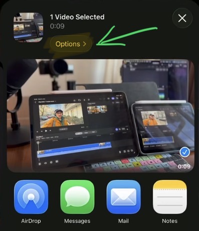 Before you tap on AirDrop, tap on "Options" in the share menu.