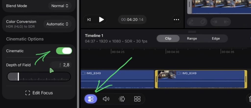 Select the Cinematic Mode clip in your timeline and open the Inspector. Here you find the Cinematic option where you can change the depth of field.